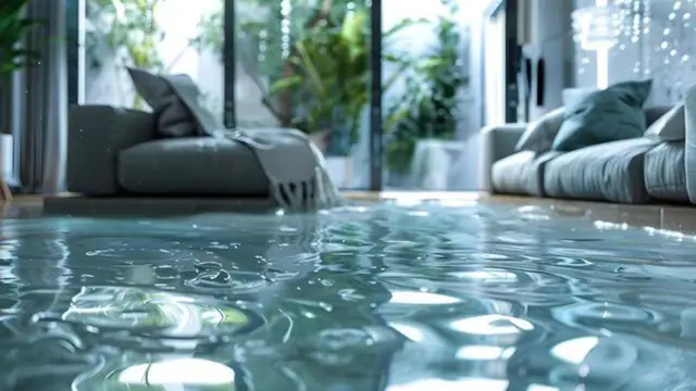 Modern living room with standing water on the floor