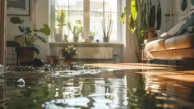Living room with water on the floor and a drip near the wall
