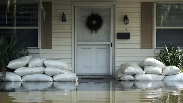 Sandbags stacked at a home entrance with water on the ground