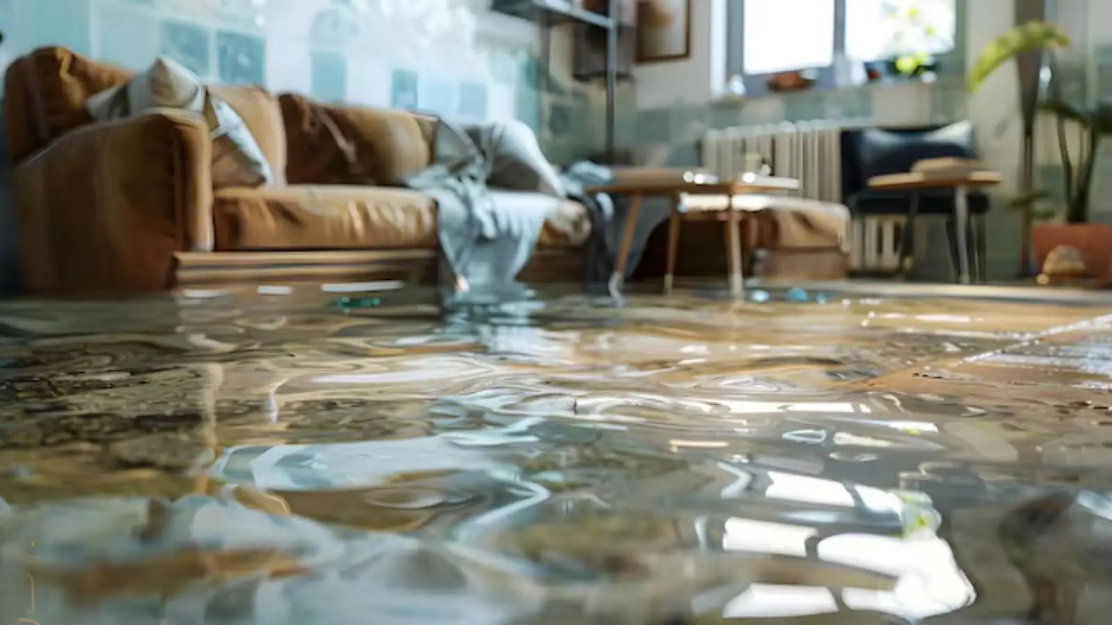 Living room with a sofa and water spread across the floor